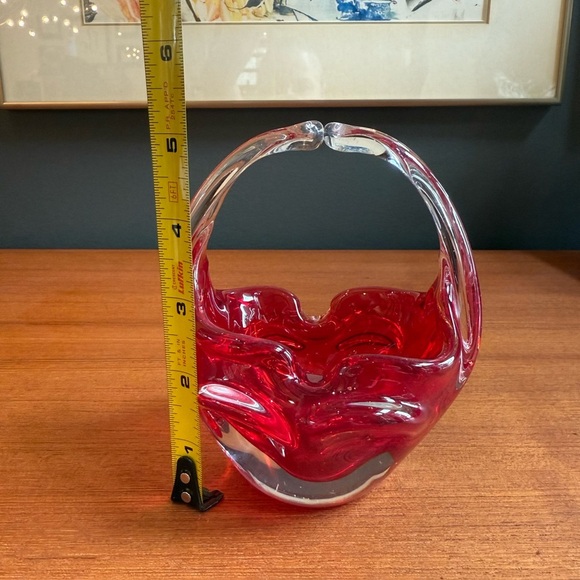 Murano Art Glass Hand Blown Sommerso Basket Joined Handles Submerged Ruby Red - Picture 6 of 7